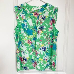 Rose & Olive Tropical Floral Sleeveless Blouse Green Pink Blue Size L